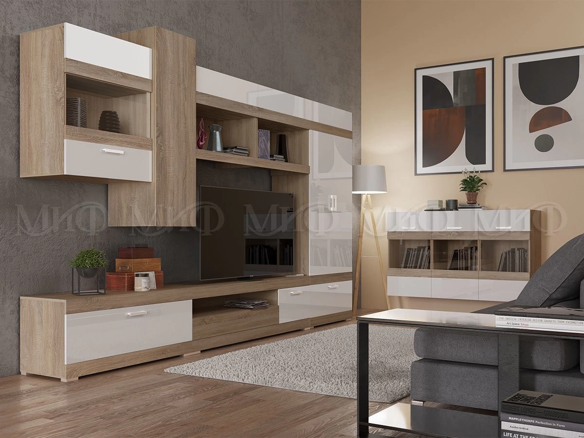 Гостиная Авангард  МДФ №3 (Ш-3500 x В-2140 x Г-445 мм) Дуб Сонома/Белый Глянец