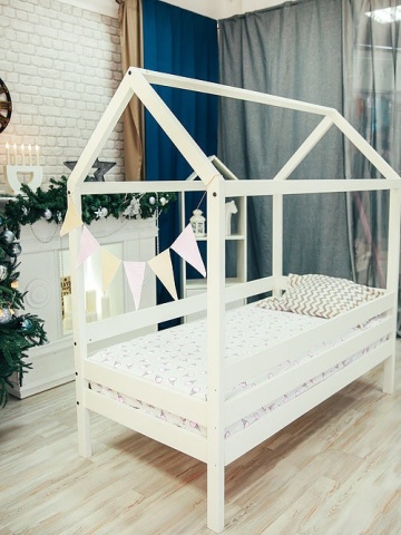 Кровать Сказка Массив (Домик) Белая/Спальное Место  800 х 1600 мм